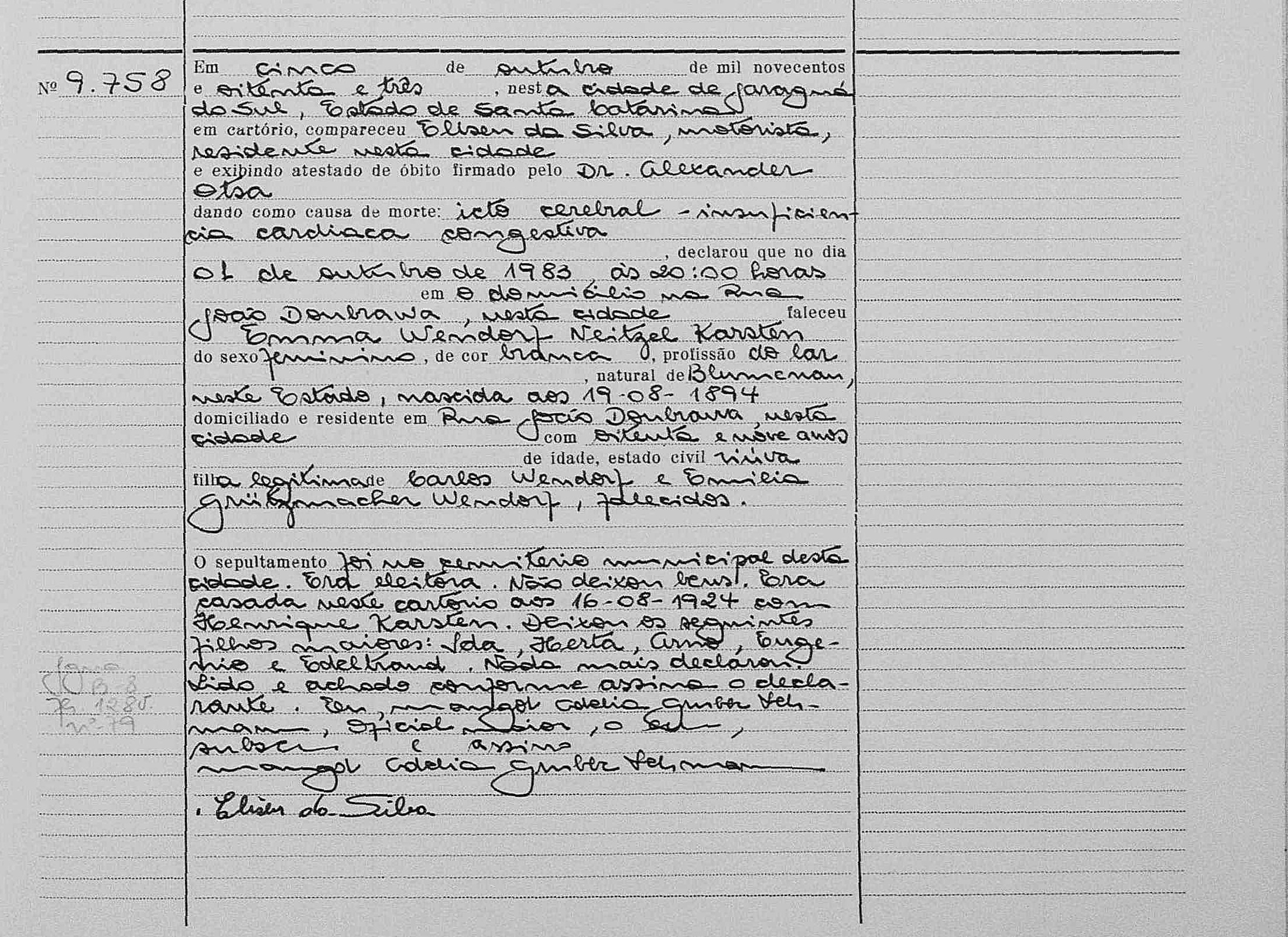 Óbito de Emma Wendorf Karsten